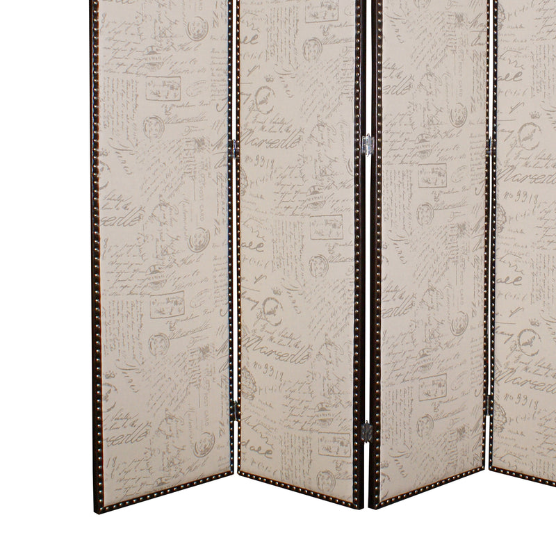 4 Panel Scripted Fabric Wooden Foldable Room Divider, Beige and Brown-zoom-