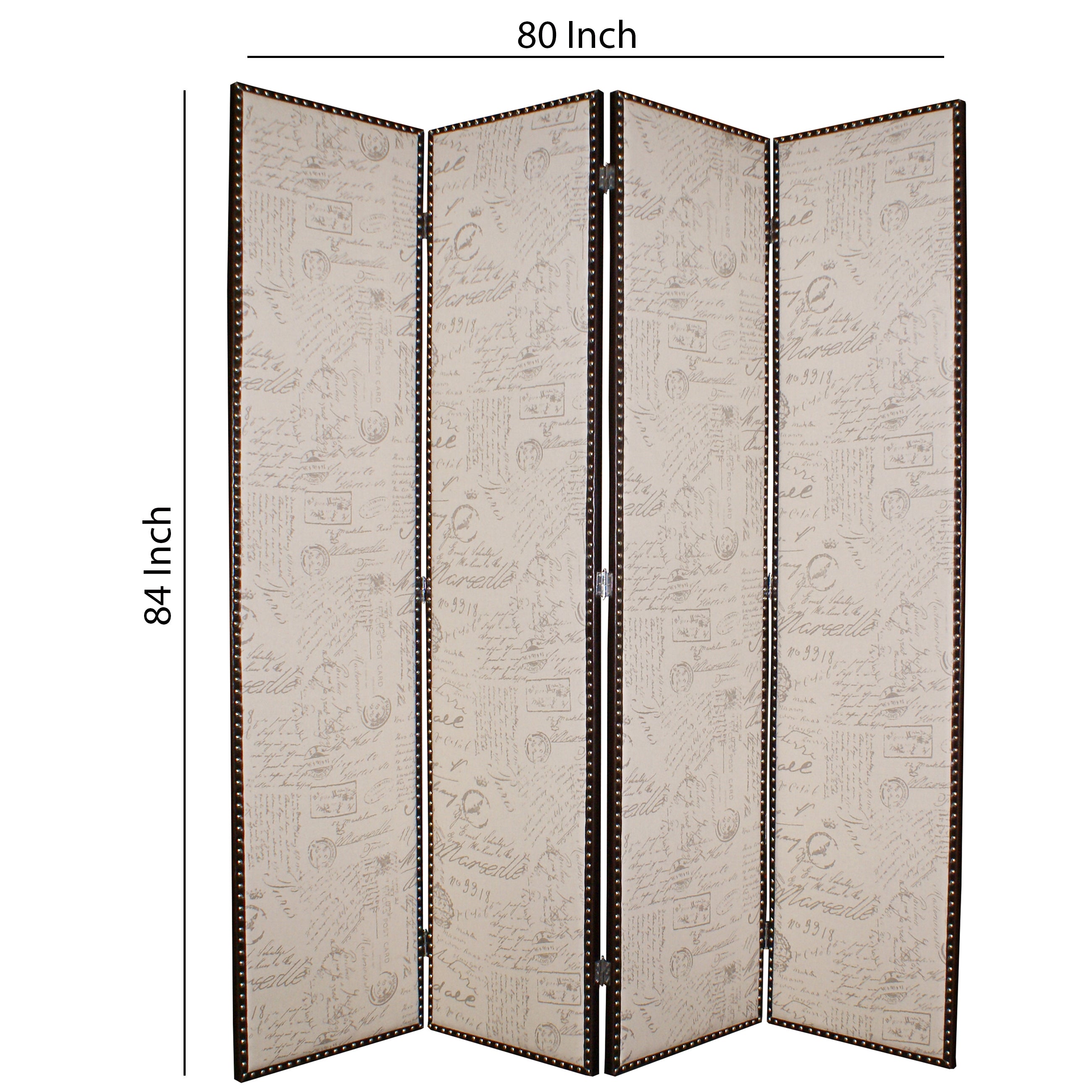 4 Panel Scripted Fabric Wooden Foldable Room Divider, Beige and Brown-zoom-5