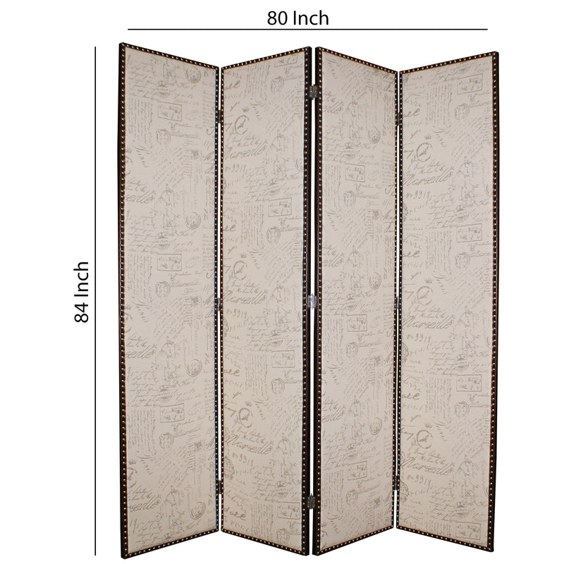 4 Panel Scripted Fabric Wooden Foldable Room Divider, Beige and Brown-zoom-