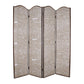 4 Panel Scripted Fabric Wooden Scalloped Room Divider, Beige and Brown