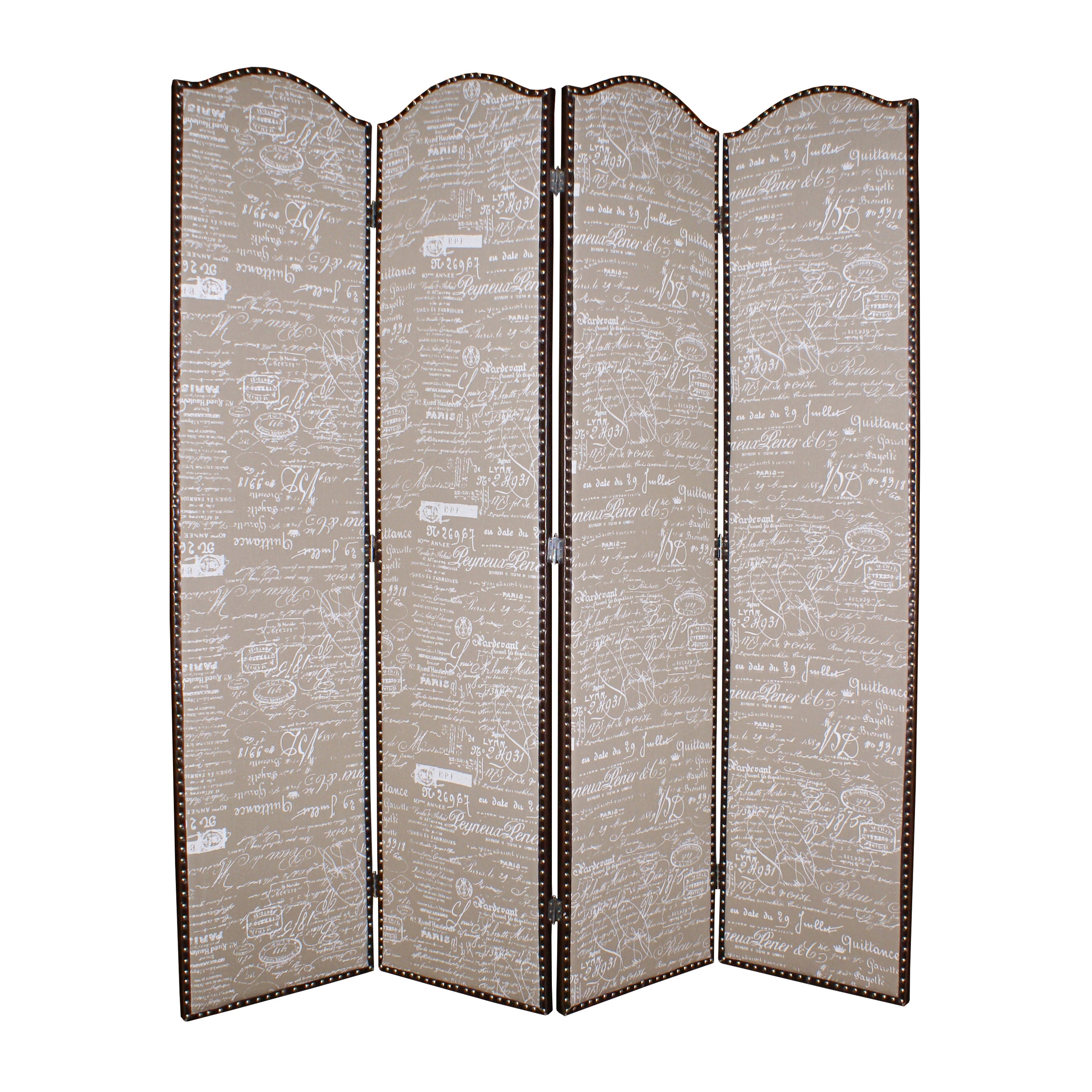 4 Panel Scripted Fabric Wooden Scalloped Room Divider, Beige and Brown-zoom-1