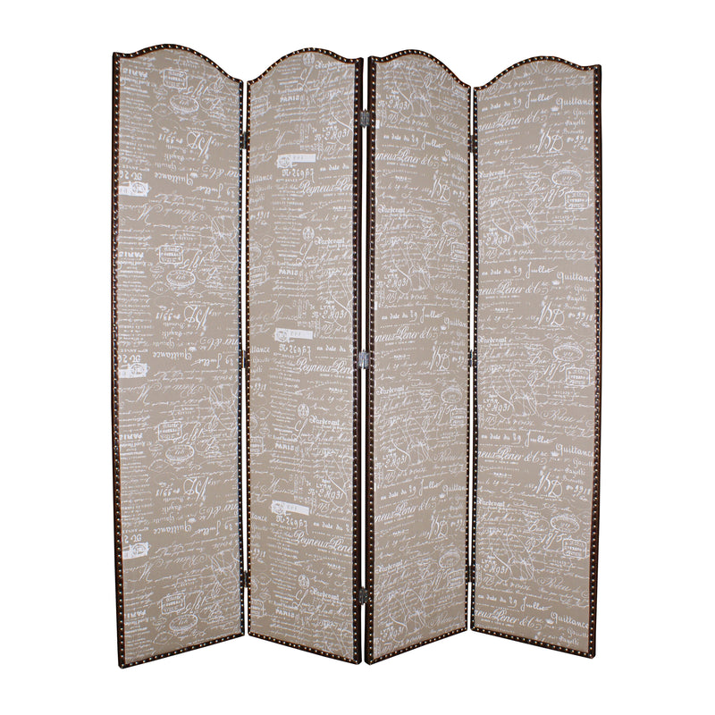 4 Panel Scripted Fabric Wooden Scalloped Room Divider, Beige and Brown-zoom-