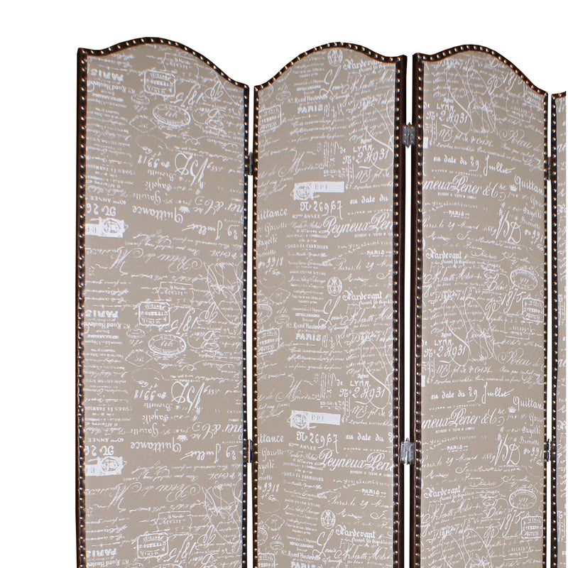 4 Panel Scripted Fabric Wooden Scalloped Room Divider, Beige and Brown-zoom-