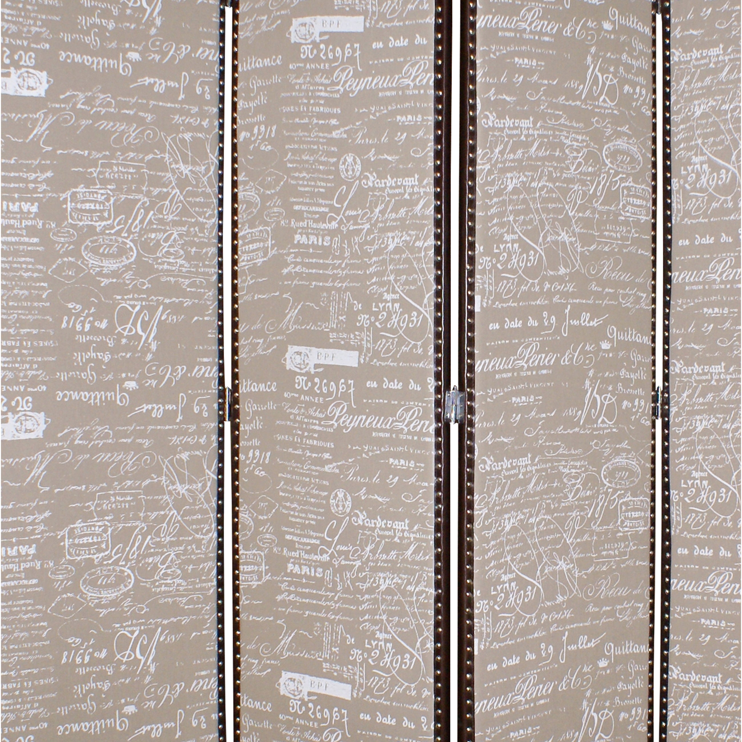 4 Panel Scripted Fabric Wooden Scalloped Room Divider, Beige and Brown-zoom-3