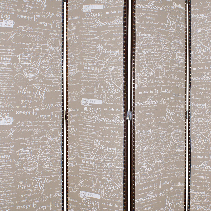 4 Panel Scripted Fabric Wooden Scalloped Room Divider, Beige and Brown-zoom-