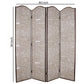 4 Panel Scripted Fabric Wooden Scalloped Room Divider, Beige and Brown