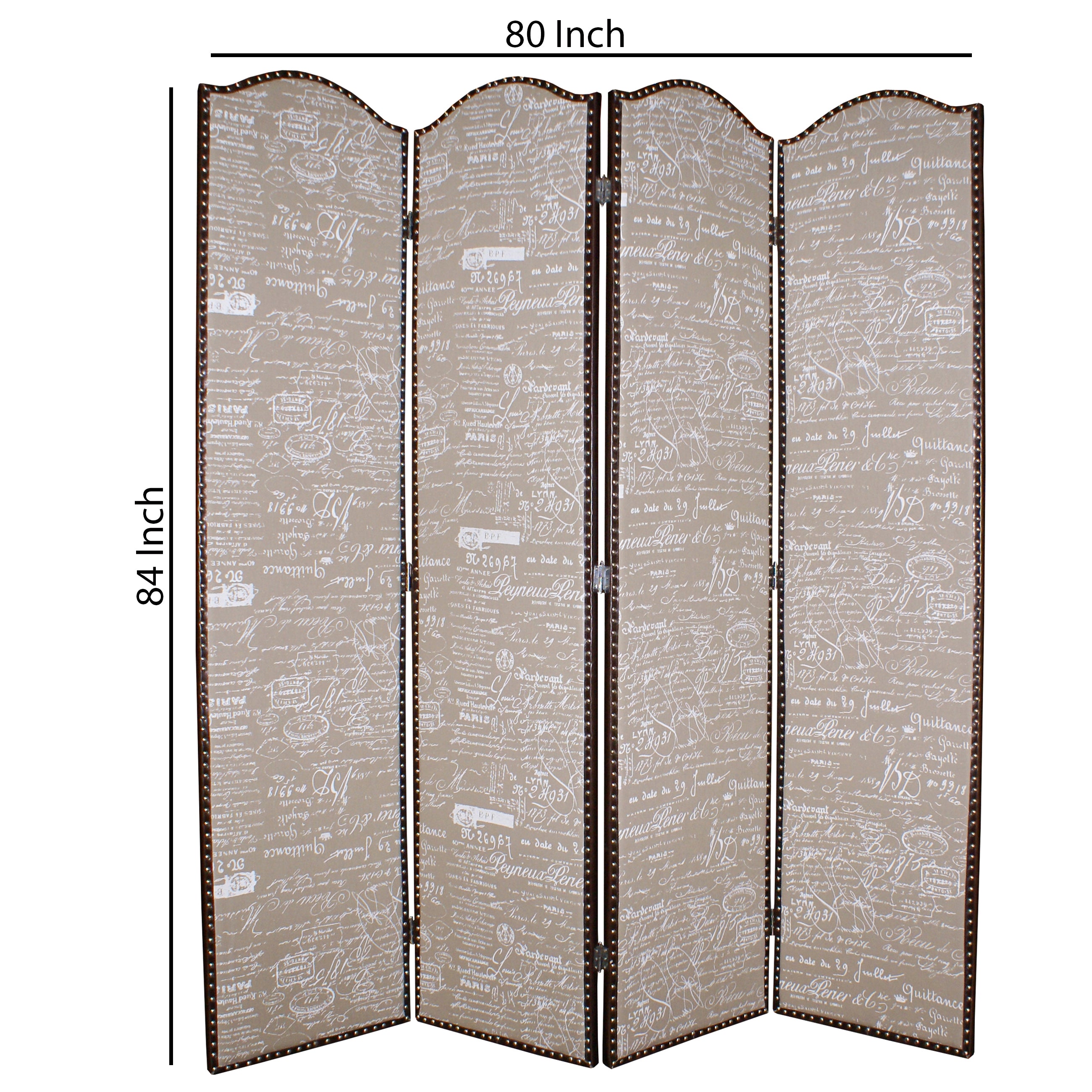 4 Panel Scripted Fabric Wooden Scalloped Room Divider, Beige and Brown-zoom-5