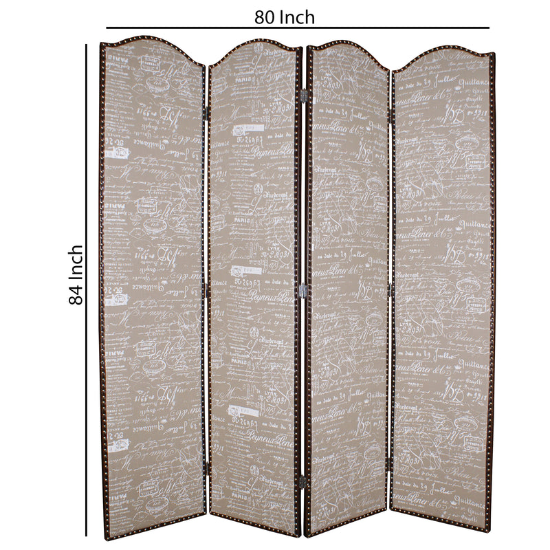 4 Panel Scripted Fabric Wooden Scalloped Room Divider, Beige and Brown-zoom-