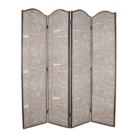 4 Panel Scripted Fabric Wooden Scalloped Room Divider, Beige and Brown