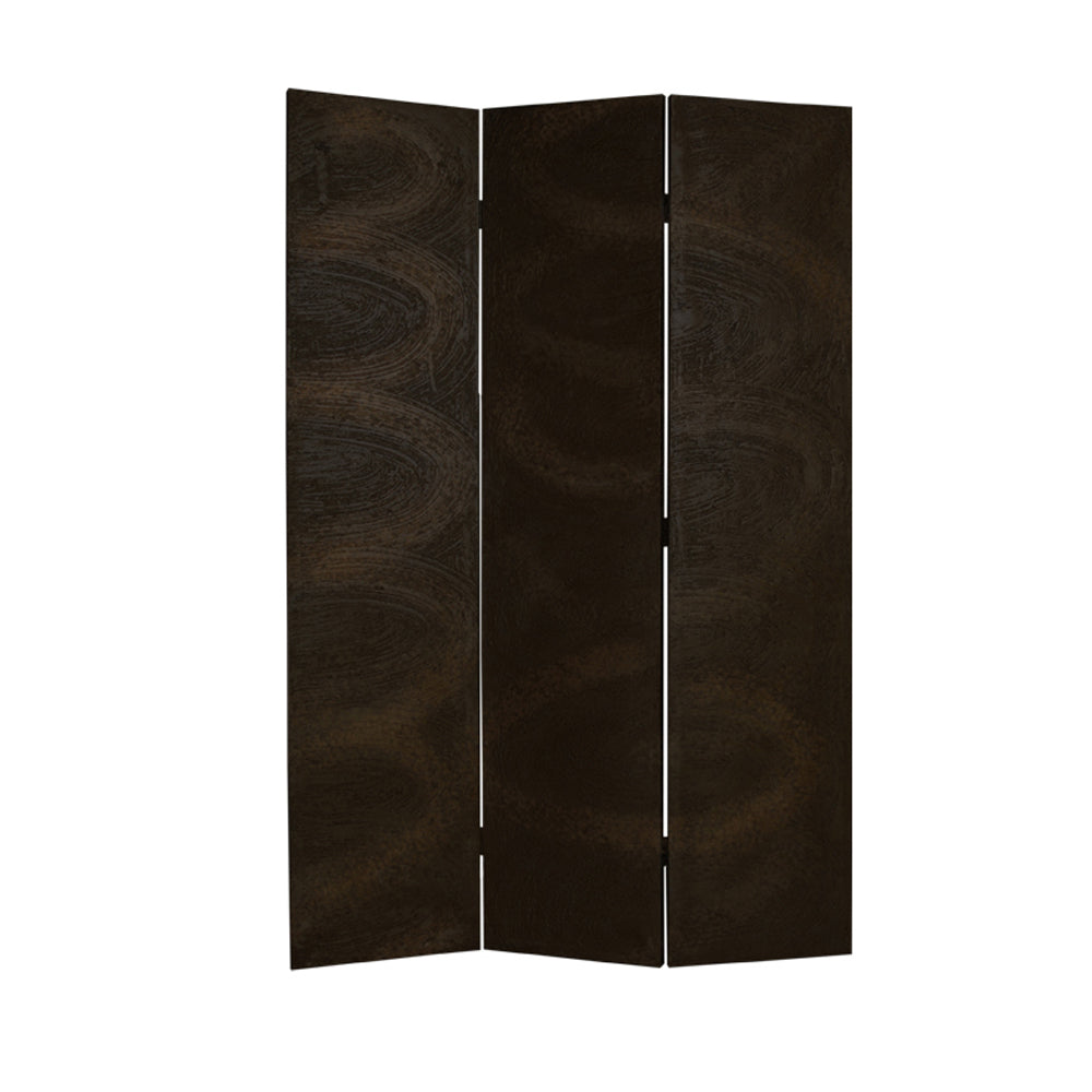 Foldable 3 Panel Canvas Room Divider with Swirl Details, Dark Brown-zoom-1