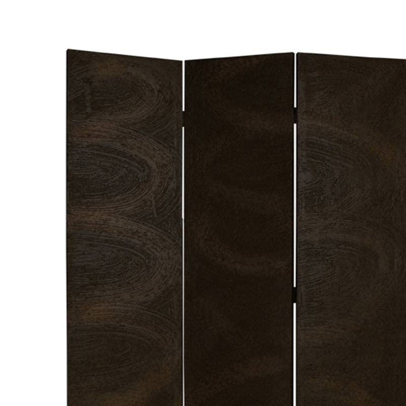 Foldable 3 Panel Canvas Room Divider with Swirl Details, Dark Brown-zoom-