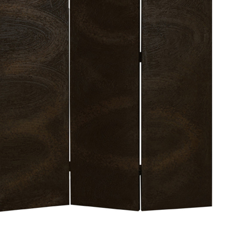 Foldable 3 Panel Canvas Room Divider with Swirl Details, Dark Brown-zoom-