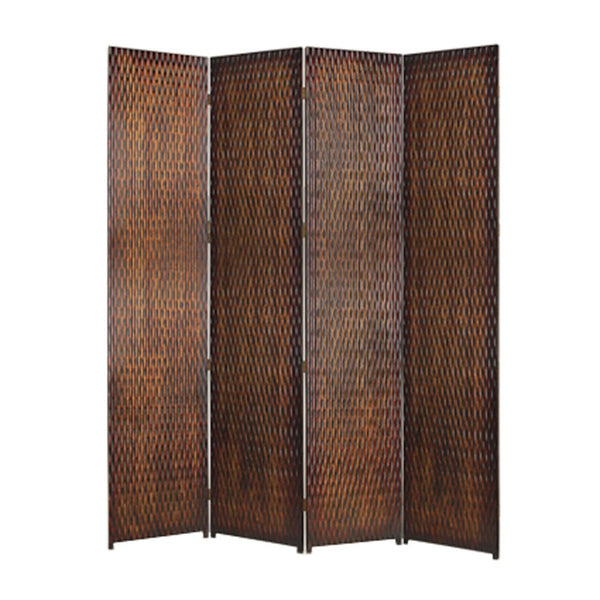 4 Panel Foldable Room Divider with Patterned Wood Panelling, Brown