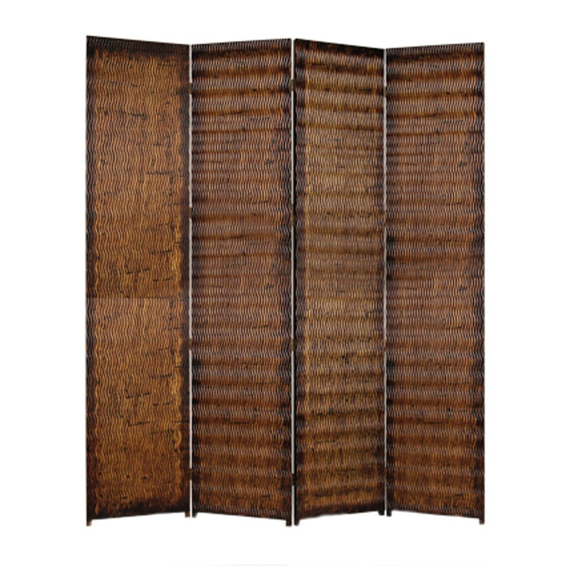 Dual Tone 4 Panel Wooden Foldable Room Divider with Wavy Design, Brown-zoom-