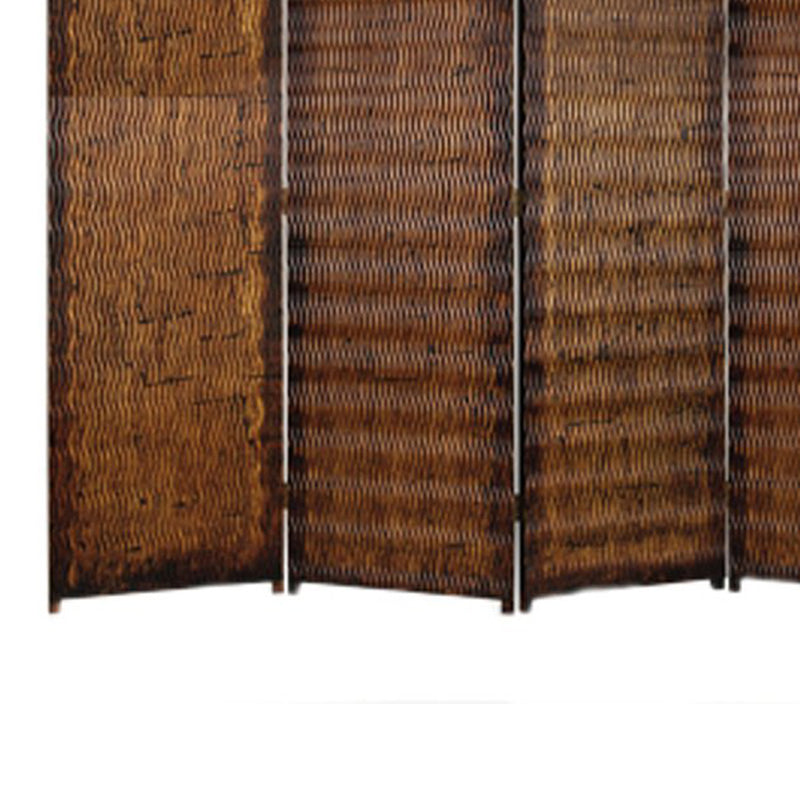 Dual Tone 4 Panel Wooden Foldable Room Divider with Wavy Design, Brown-zoom-