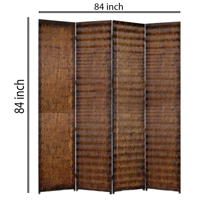 Dual Tone 4 Panel Wooden Foldable Room Divider with Wavy Design, Brown-zoom-