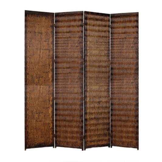 Dual Tone 4 Panel Wooden Foldable Room Divider with Wavy Design, Brown