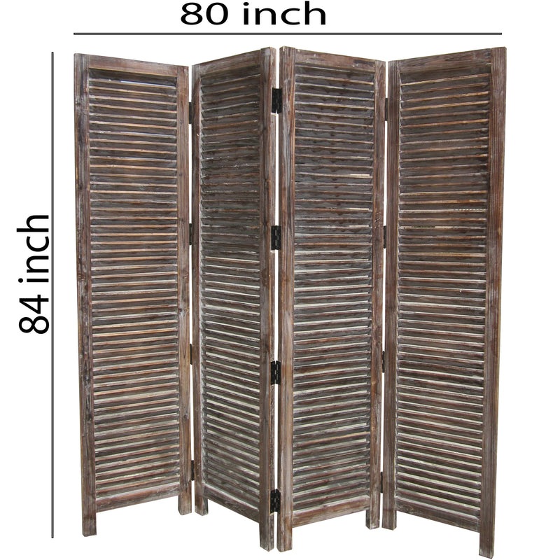 4 Panel Room Divider with Shutter Design, Weathered Brown-zoom-