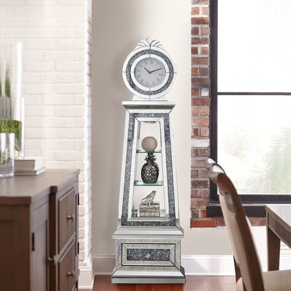 Mirrored Grandfather Clock With 3 Open Compartments Silver