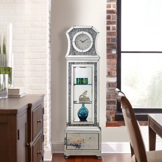 Grandfather Clock With Mirror Framing And Faux Diamonds Silver
