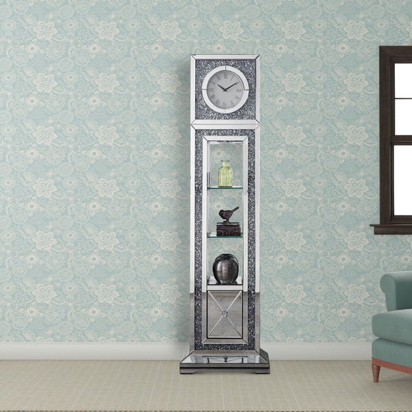 Mirrored Grandfather Clock With 1 Drawer And Faux Diamonds Silver-zoom-