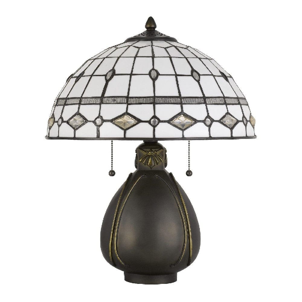 20 Inch Table Lamp with Tiffany Glass Gray Antique Brass