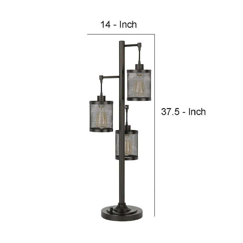 37 Inch Metal Table Lamp 3 Hanging Mesh Shades Bronze Black-zoom-