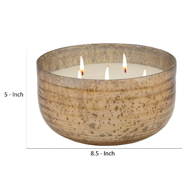 8.5 Inch Mindful Candle With Round Striped Bowl And Wax Gold-zoom-