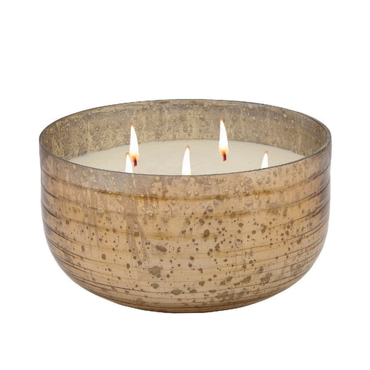 8.5 Inch Mindful Candle With Round Striped Bowl And Wax Gold