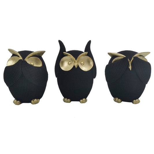 Resin Sitting Owl Accent Decor, See No Evil Owls Set Of 3 Black