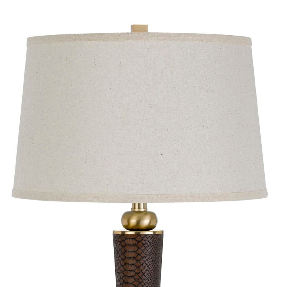 32 Inch Metal Table Lamp with Dimmer Faux Leather Brown