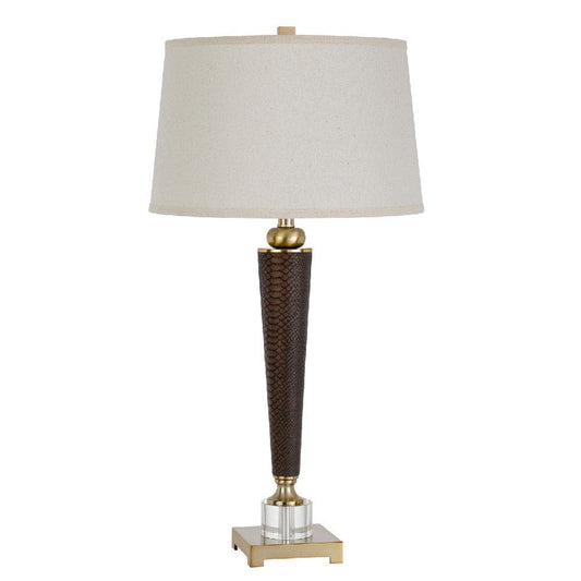 32 Inch Metal Table Lamp with Dimmer Faux Leather Brown