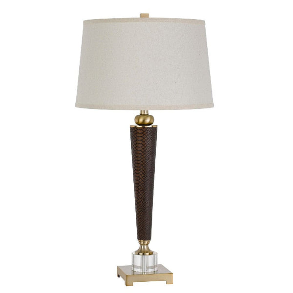 32 Inch Metal Table Lamp with Dimmer Faux Leather Brown