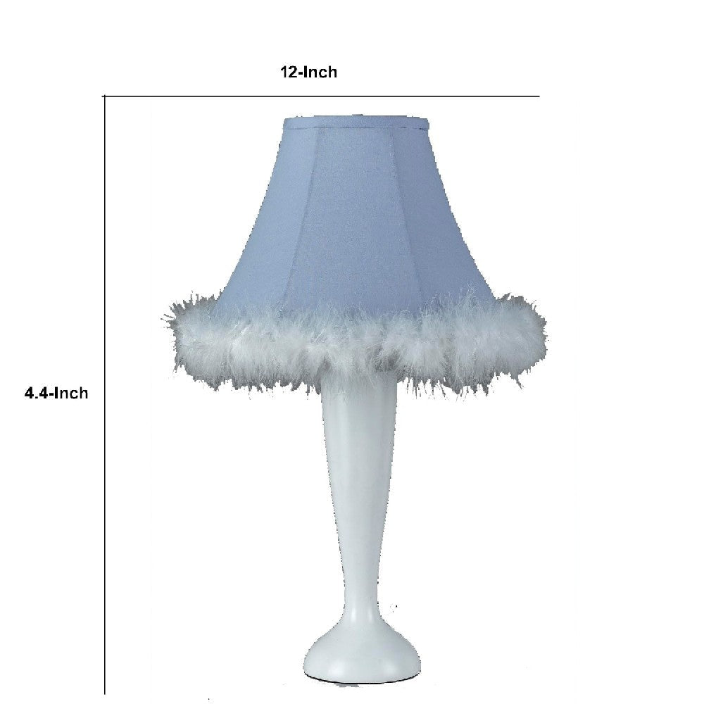 12 Inch Resin Table Lamp with Empire Shade Fur Trim Blue