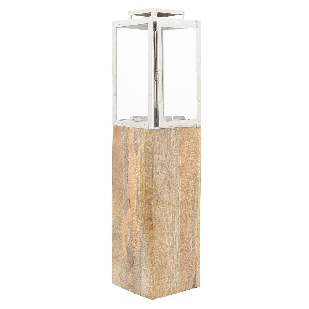 36 Inch Wood Floor Lantern With Glass Frame Natural Brown