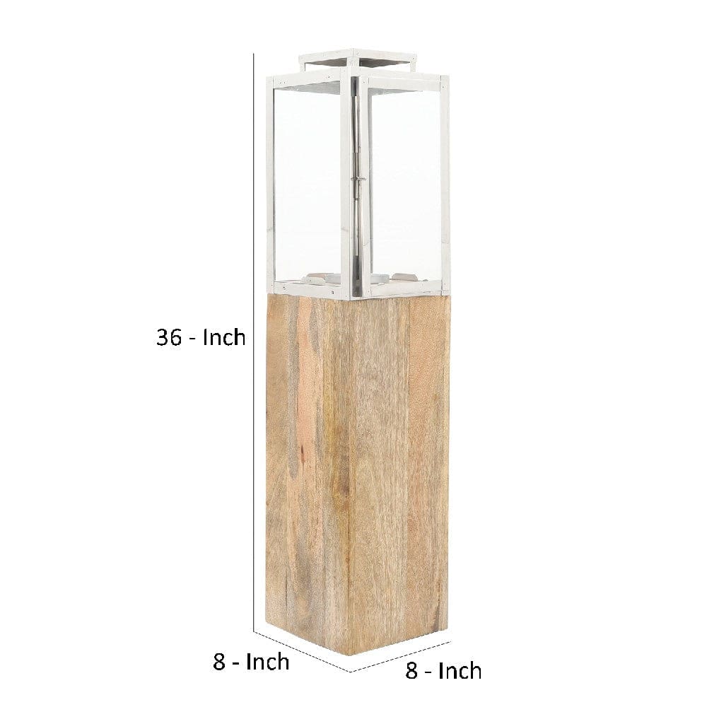 36 Inch Wood Floor Lantern With Glass Frame Natural Brown-zoom-4