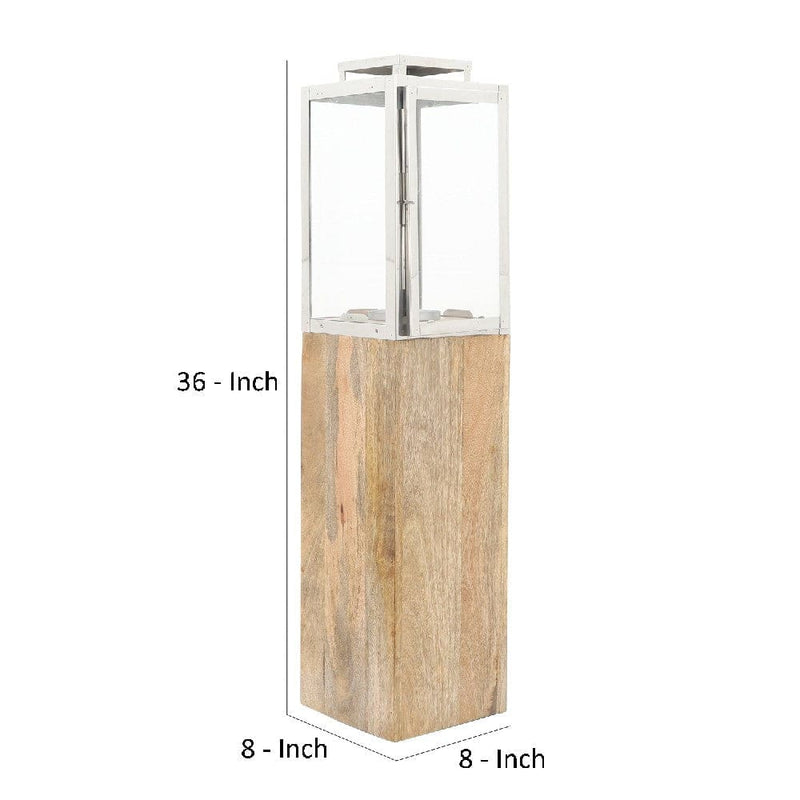 36 Inch Wood Floor Lantern With Glass Frame Natural Brown-zoom-