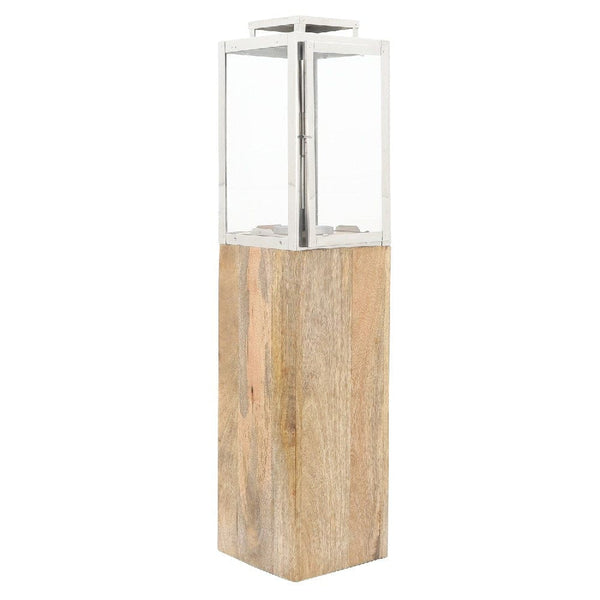 36 Inch Wood Floor Lantern With Glass Frame Natural Brown