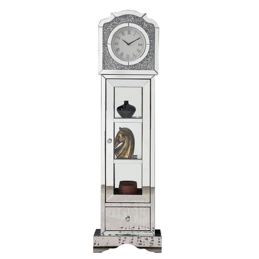 63 Inch Doe Mirrored Grandfather Clock 3 Shelves Ornate Design Silver