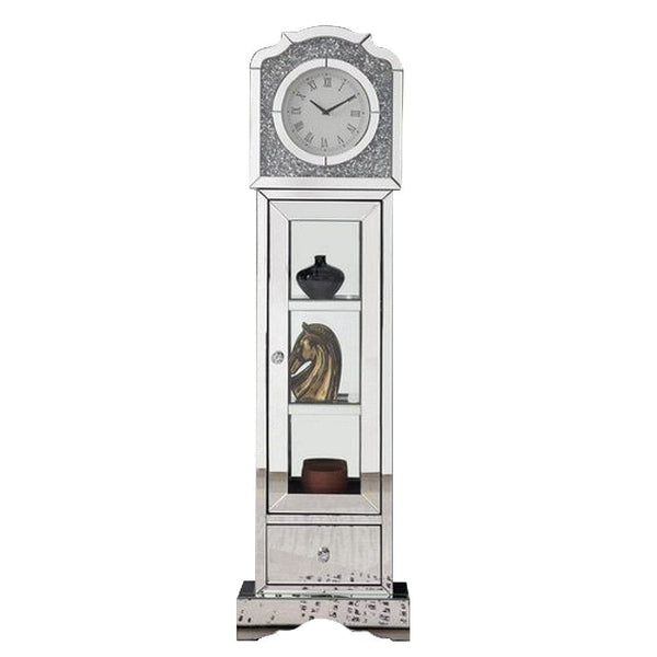 63 Inch Doe Mirrored Grandfather Clock 3 Shelves Ornate Design Silver