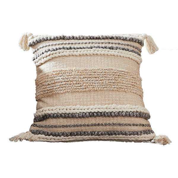 18 Inch Textured Decorative Throw Pillow Cover Tassels Beige Gray Fabric