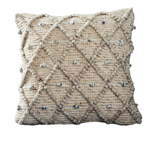 18 Inch Decorative Throw Pillow Cover Beaded Diamond Design Beige Fabric