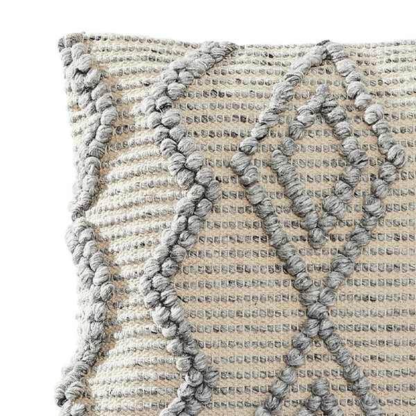 18 Inch Decorative Throw Pillow Cover Blue Beaded Diamond Design Beige