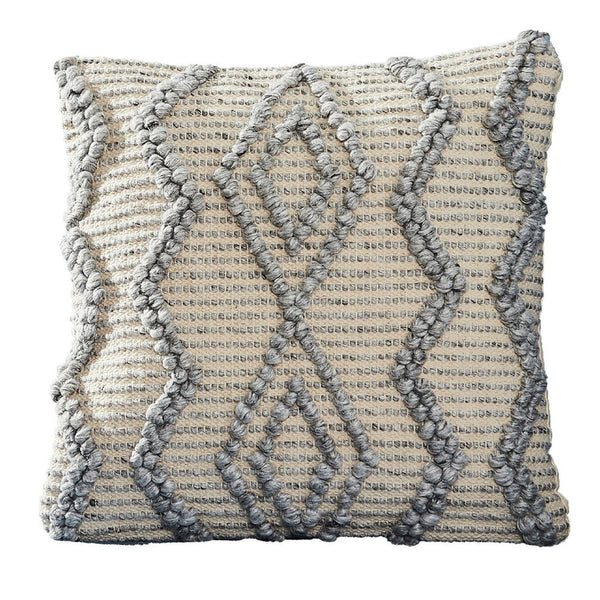 18 Inch Decorative Throw Pillow Cover Blue Beaded Diamond Design Beige