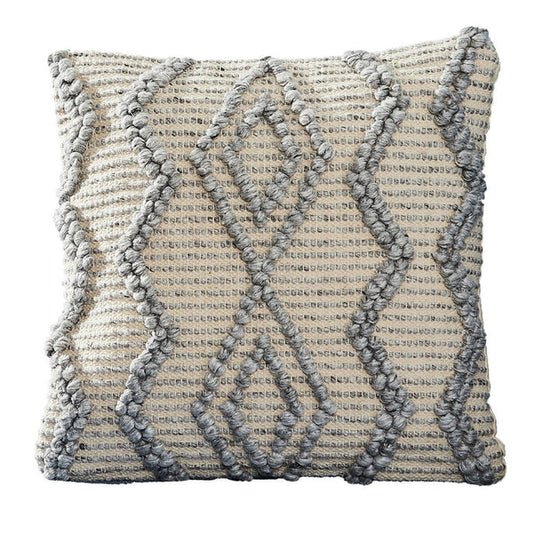 18 Inch Decorative Throw Pillow Cover Blue Beaded Diamond Design Beige