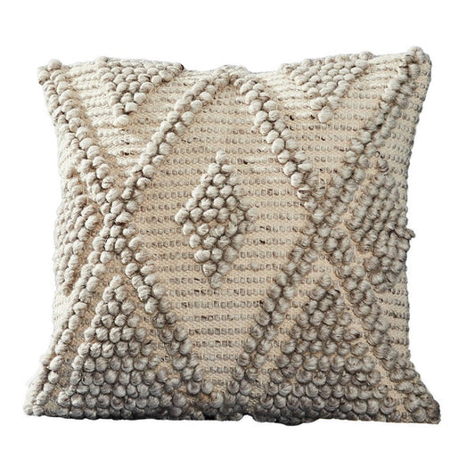 18 Inch Decorative Throw Pillow Cover Beaded Diamond Pattern Beige Fabric