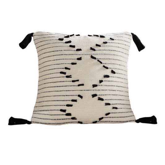 18 Inch Decorative Throw Pillow Cover Black Embroidery Tassels White
