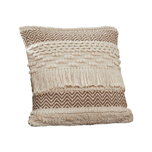 18 Inch Decorative Throw Pillow Cover Fringes Braids Beige Fabric