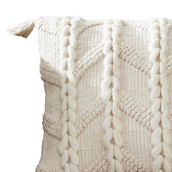 18 Inch Decorative Throw Pillow Cover Braided Design Tassels Cream