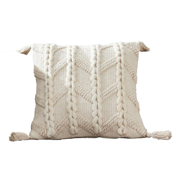 18 Inch Decorative Throw Pillow Cover Braided Design Tassels Cream-zoom-1